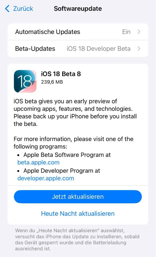 林芝苹果手机维修分享苹果 iOS / iPadOS 18 开发者预览版 Beta 8 发布 